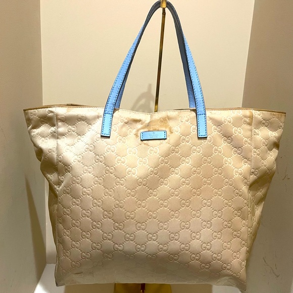 Gucci Handbags - Gucci Beige GG Nylon Tote with Blue Leather Straps